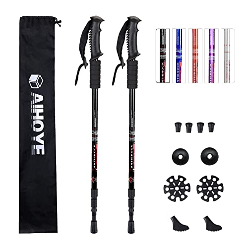 Aihoye Trekking Poles, Collapsible Lightweight Shock-Absorbent Hiking Walking Sticks Adjustable Aluminum Hiking Poles for Women Men Kids, 2 Pack (Black)