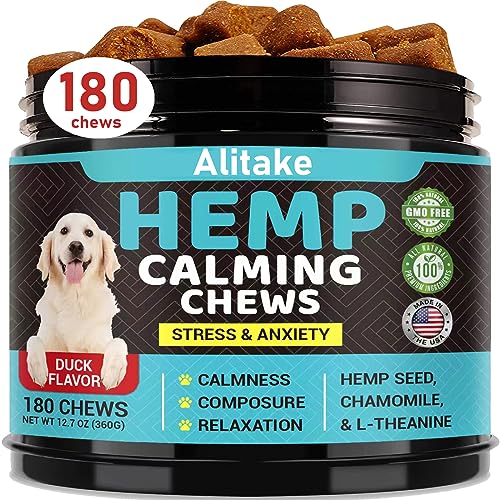 Alitake Calming Chews for Dogs -Helps Dog Anxiety & Stress Relief, Separation, and Barking -Dog Calming Treats with Hemp Oil, Organic Chamomile, L-Theanine & L-Tryptophan Duck Flavor - 180 Chews