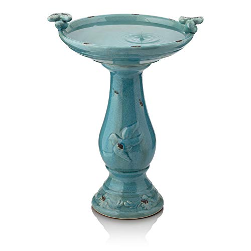 Alpine Corporation TLR102TUR Alpine Pedestal Bath with 2 Figurines-Turquoise Antique Ceramic Birdbath with Birds, 24 Inch Tall, 19" L x 16" W x 25" H