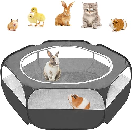 Amakunft Guinea Pig Playpen with Cover, Hamster Playpen with Top, Rabbit Pop Up Playpen with Roof, Small Animal Play Pen Indoor, for Ferret/Chinchilla/Bearded Dragon/Rat/Kitten (Black)