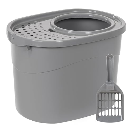 Amazon Basics Top Entry Cat Litter Box and Black Scoop, Oval, Grey, 20.5 x 14.75 x 14.38 inches