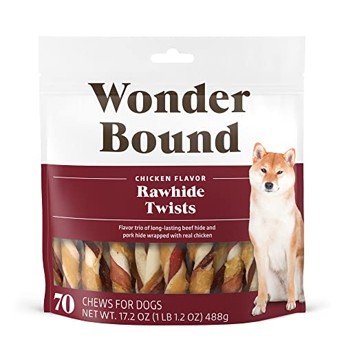 Amazon Brand - Wonder Bound Chicken Flavor Dog Rawhide Twist Sticks, 17.2 Oz, Pack of 70