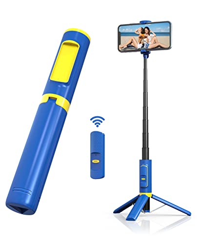 Ambertronix 33” Compact Aluminum Selfie Stick Tripod, Removable Wireless Bluetooth Remote, Lightweight, Portable, Non-Slip Feet, Compatible with All iPhone & Android Devices, Blue