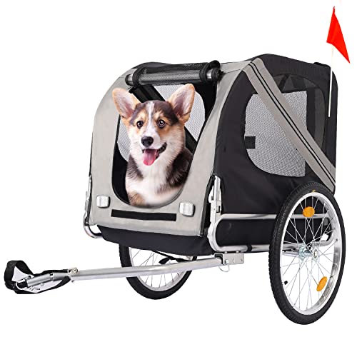 AMZOSS Folding Dog Bike Trailer, Heavy Duty Pet Cart Bicycle Wagon Cargo Carrier Attachment for Travel with Universal Hitch, 3 Doors, Aluminum Wheels, Safety Flag, Easy to Connect & Disconnect,Gray
