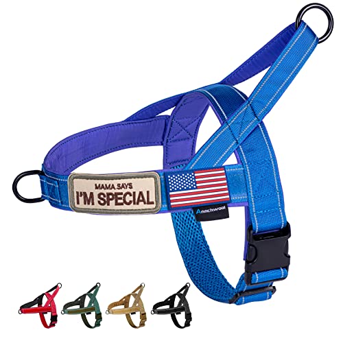 Annchwool No Pull Dog Harness with Soft Padded Handle,Reflective Strip Escape Proof and Quick Fit to Adjust Dog Harness,Easy for Training Walking for Small & Medium and Large Dog(Blue,L)