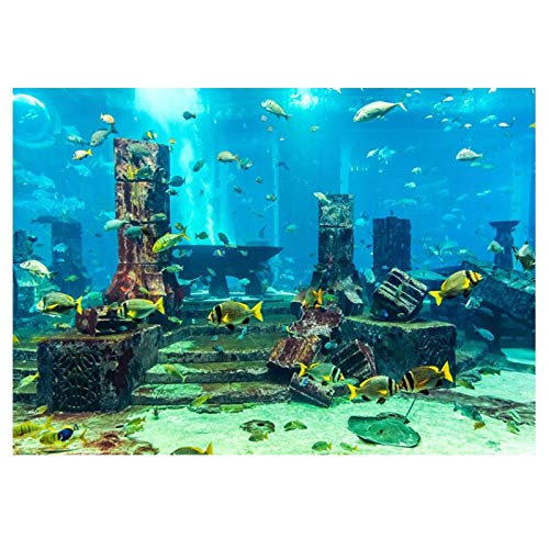 Aquarium Poster, Underwater City Ruins Background Sticker Thicken PVC Adhesive Static Cling Backdrop Fish Tank Decorative Paper(61×41cm)