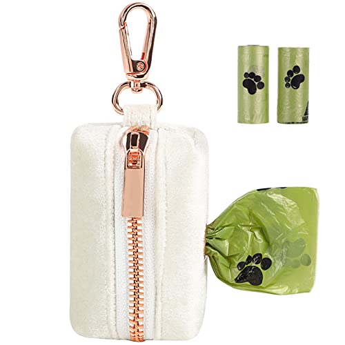 ARING PET Velvet Dog Waste Bag Holder, White Doggy Poop Bags Dispenser Attach to Any Leashes, Portable Washable Pet Waste Pouch Dispenser with Metal Zipper