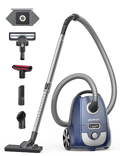 Aspiron Canister Vacuum Cleaner, 1300W Bagged Canister Vacuum, Turbo Brush, 5 Tools, 3.7Qt, H13 HEPA Filter, Automatic Cord Rewind, Vacuum Cleaner for Carpets, Hardwood Floors, Pet Hair, Blue