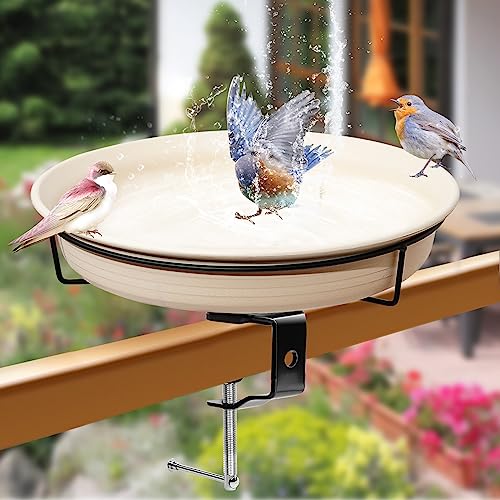 AUHOKY Bird Bath Deck Mounted Bowl 11 Inches, Balcony Railing Birdbaths Unheated, Bird Bath Fence Clamp Detachable (White)