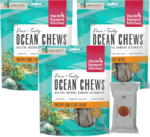 Aurora Pet Bundle Pack (3) The Honest Kitchen Ocean Chews Crispy Cod Fish Skins Dog Treats (2.75 Ounce) with AuroraPet Wipes