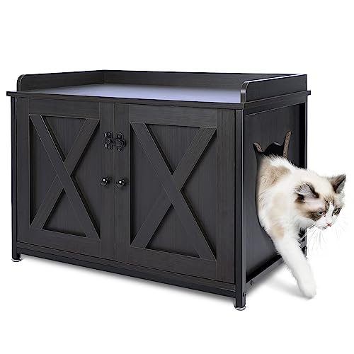 AZAMIA Cat Litter Box Furniture Hidden, Wooden Kitty Litterbox Furniture Enclosure, Spacious Cat Washroom Storage Bench, Cat Litter Box Enclosures with Divider for Most of Cat Litter Box Large