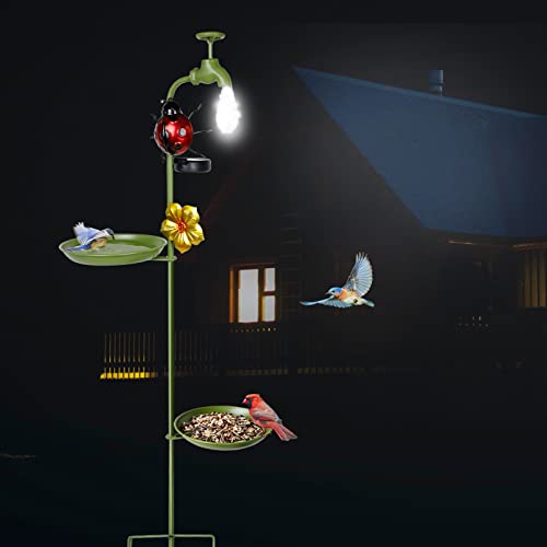 #B151A00-US Solution4Patio Solar Powered LED Light Metal Stand Wild Bird Feeder, 2 Seed Tray, 42.1" Height, Alimentador de Aves, Easy to Fill & Clean, Faucet Shaped, Garden Decorated