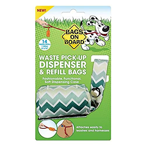 Bags on Board Dog Poop Bags Dispenser with 14 Refill Bags | Attaches to Most Leashes, Green Chevron