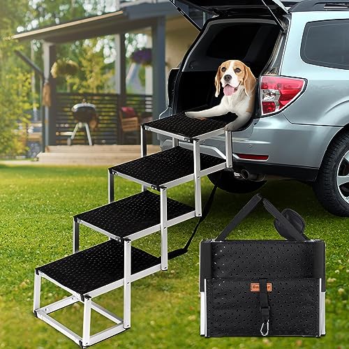 Barpor Dog Ramp Portable Dog Steps for Cars, SUV and Trucks Adjustable Aluminum Dog Stairs Lightweight Pet Ladder with Non-Slip Surface Supports to Large Dogs 200-250 Lbs, 4/5 Steps (Upgraded 5-Step)