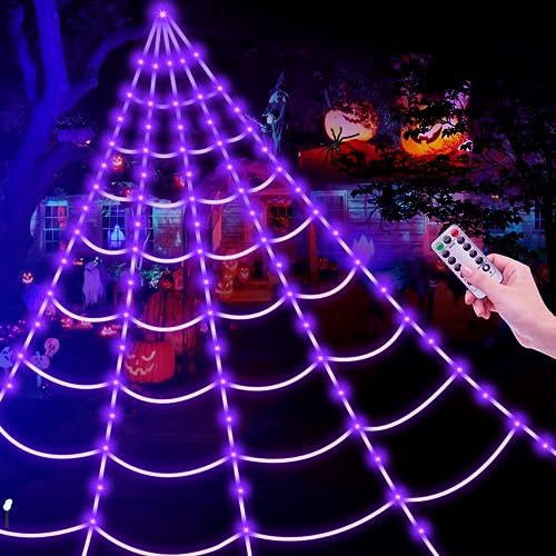 Beforalla Brighter Spider Webs Halloween Decorations Lights,2023 Upgrade 250 Purple LED Light Up,8 Modes 16.4Ft Giant Spiderweb with Remote Control,Halloween Decor for Yard Outside