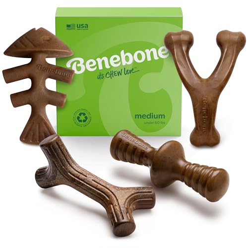 Benebone Medium Holiday 4-Pack Dog Chew Toys for Aggressive Chewers, Made in USA, 60lbs and Under