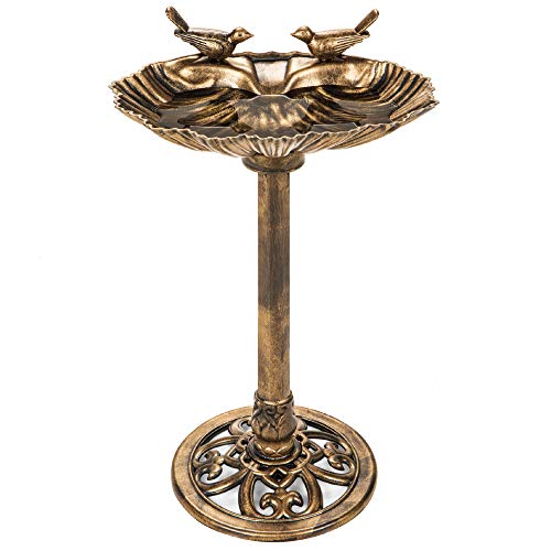 Best Choice Products 32in Outdoor Garden Pedestal Bird Bath Yard Decoration w/Double Bird Sparrow Statues, Fleur-de-Lis Accents - Gold