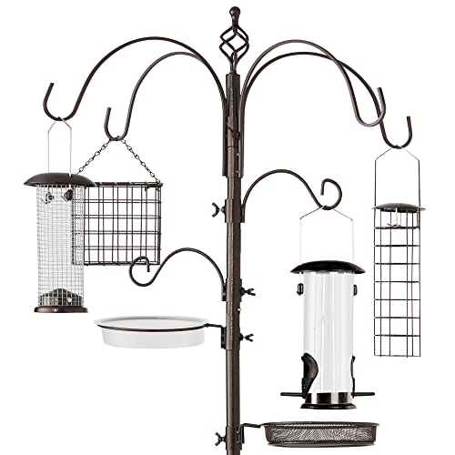 Best Choice Products 6-Hook Bird Feeding Station, Steel Multi-Feeder Kit Stand for Attracting Wild Birds w/ 4 Bird Feeders, Mesh Tray, Bird Bath, 5-Prong Base - Bronze