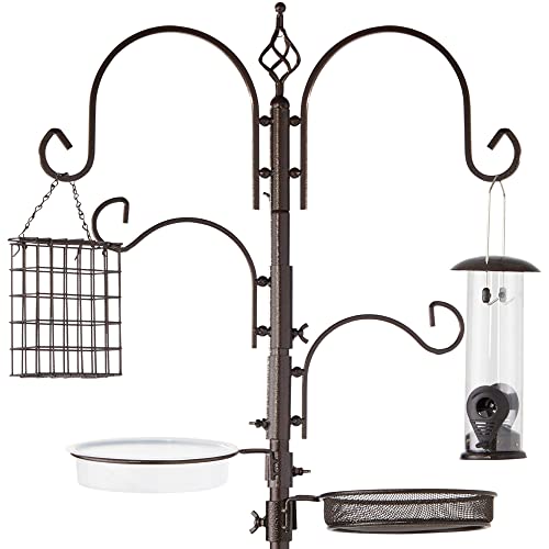 Best Choice Products 91in 4-Hook Bird Feeding Station, Steel Multi-Feeder Kit Stand for Attracting Wild Birds w/ 2 Feeders, Mesh Tray, Bird Bath, 4-Prong Base - Brown