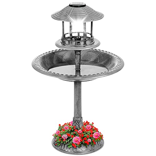 Best Choice Products Solar Outdoor Bird Bath Vintage Resin Pedestal Fountain Decoration for Yard, Garden w/Planter Base, Feeder, Decorative Bird Cage, Fillable Stand - Stone