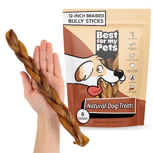 Best For My Pets Braided Bully Sticks for Dogs (12 Inch, 6 Pack) - Premium Long Lasting Dog Chew Treats to Keep Puppies and Dogs Happily Busy - Dog Dental Chews - Fully Digestible Rawhide-Free Treats