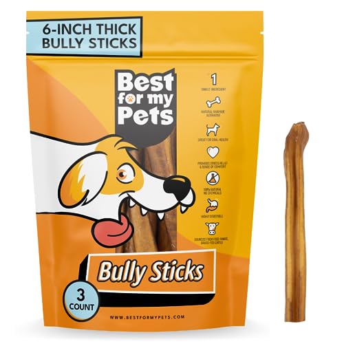 Best For My Pets Thick Bully Sticks (6 Inch, 3 Pack) Jumbo Bully Sticks, 50% Longer Lasting