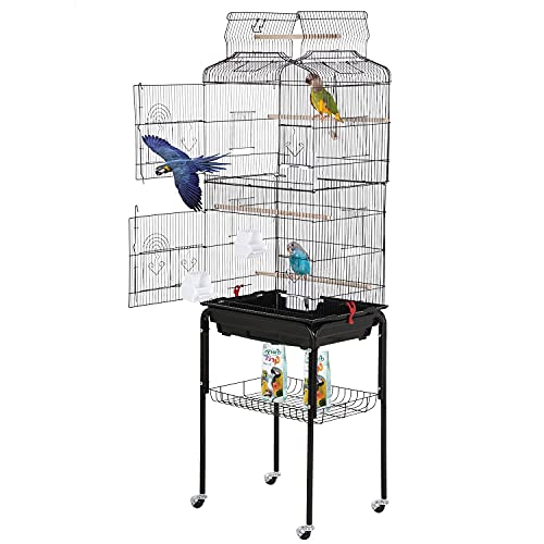 Best Pet Bird Cage 64-inch Open Top Standing Medium Small Parrot Parakeet Bird Cage with Rolling Stand for Lovebirds Parakeets Cockatiels and Parrotlet, Pet Flight Bird Cage Birdcage, Black