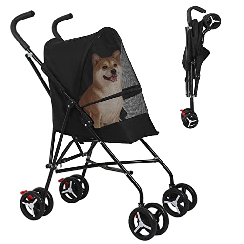 BestPet Pet Stroller Dog Cat Stroller with Handlebars Canopy Breathable Mesh & Leash Seat Belt Foldable Puppy Stroller for Travelling Shopping Walking Playing for Small Medium Dogs Cats,Black