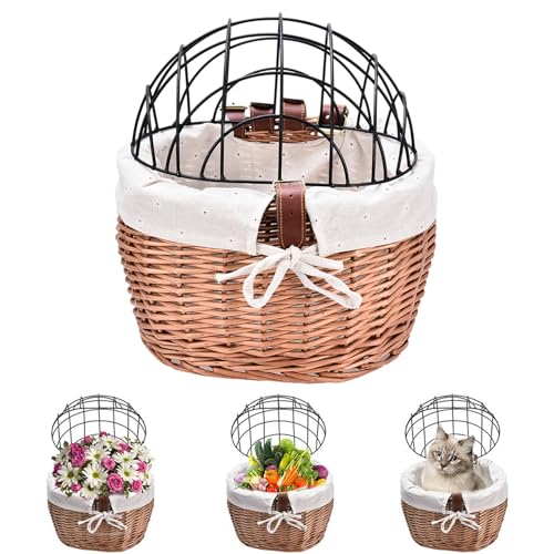 Bicycle Basket with Wire Mesh Cover, Willow Woven Pet Bike Carrier Basket, Wire Cage Top Wicker Pet Carrier for Bike,Detachable Front Handlebar Bike Basket, Wicker Bike Basket for Small Dogs Cats