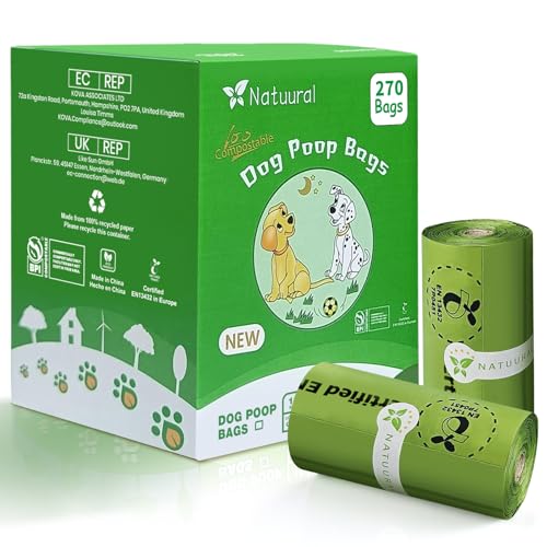 Biodegradable Dog Poop Bags-270Bags 18Rolls, Poop Bags for Dogs Made of Cornstarch, Certified ASTM D6400 By USA, Unscented, Suitable for Large |Small Dogs (Green)