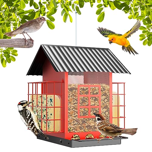 Bird Feeders for Outdoors Hanging, Metal Bird Feeder with Double Suet Cage Cake,6LBs Large Seed Capacity, Birdfeeders Durable & Weatherproof,Easy to Clean & Refill, Great for Attracting Wild Birds