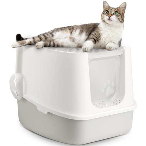 Biubiucat Cat Litter Box, Cat Litter Cabin with Odor Filter, Two Door Entry Large Space Cat Litter Pan, Enclosed Clean Litter Box, Easy to Clean, Gray