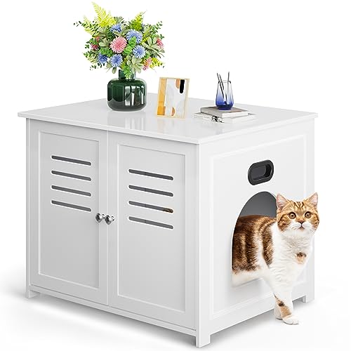 Biubiucat Cat Litter Box Enclosure, Wooden Litter Box Hidden Litter Box Furniture, Home Decorative Cat House Indoor,Wooden Cat Washroom Furniture with Barn Door - White