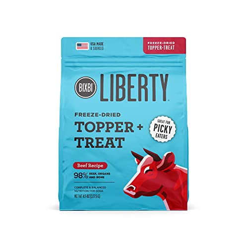 BIXBI Liberty Freeze Dried Dog Food Topper + Dog Treat, Beef Recipe, 4.5 oz - 98% Meat and Organs, No Fillers - Pantry-Friendly Raw Treat or Food Topper - USA Made in Small Batches