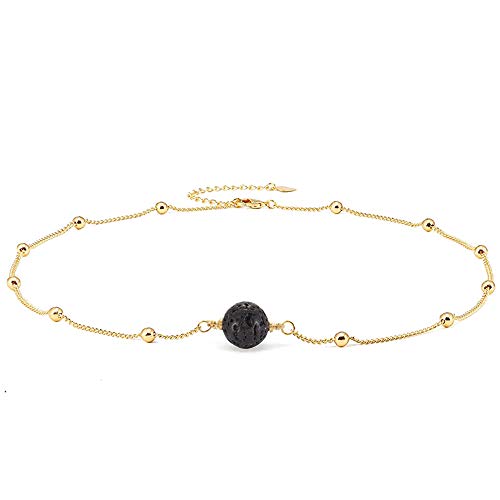 Black Essential Oils Diffuser Lava Rock Stones Choker Necklace for Women Girls Chic Beaded Short Chain Aromatherapy Pendant Fashion Gold Plated Minimalist Link Jewelry Bff 16-18inch