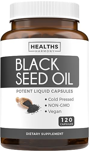 Black Seed Oil - 120 Softgel Capsules Skin Health (Non-GMO & Vegan) Premium Cold-Pressed Nigella Sativa Producing Pure Black Cumin Seed Oil with Vitamin E - 500mg Each, 1000mg Per 2 Capsule Serving