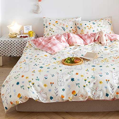 BlueBlue Rabbit Duvet Cover Set Queen 100% Cotton Bedding for Kids Boys Girls Teens Woman Cartoon White Bunny Floral Print on Cream 1 Animals Comforter Cover Full with Zipper Ties 2 Pillowcases Queen