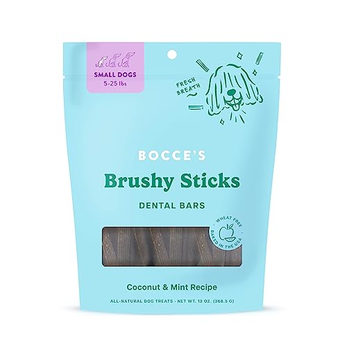 Bocce’s Bakery Dailies Brushy Sticks to Support Oral Health & Fresh Breath, Wheat-Free Dental Bars for Dogs, Made with Real Ingredients, Baked in the USA, All-Natural Coconut & Mint Recipe, Small Dogs