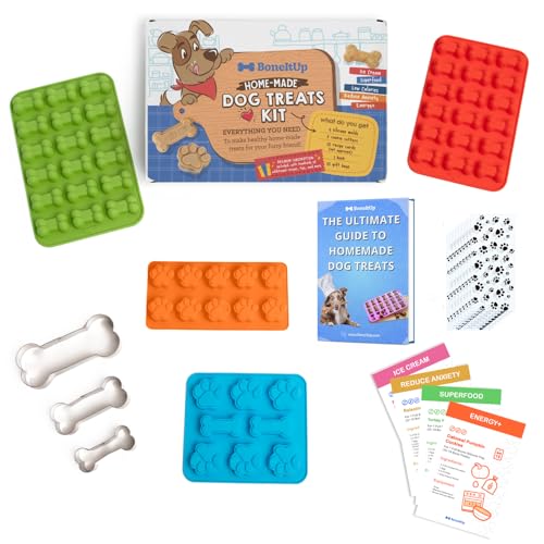 BoneItUp Homemade Dog Treats Set Silicone Molds Cookie Cutters with Healthy Vet Approved Recipes, Homemade Puppy Treats with Paws & Bones Food Grade Silicone Trays and for Candy and Dog Ice Cubs