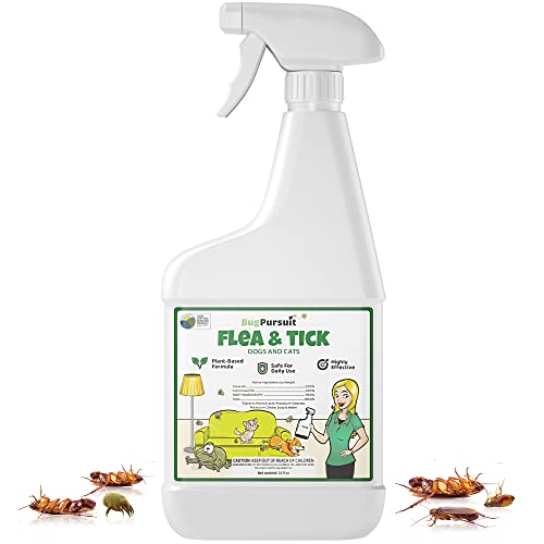 BugPursuit 24oz Flea &Tick Spray, Flea and Tick Prevention for Dogs, Cats, Non-Toxic, Safe for Pets & Kids, Flea and Tick Spray for Home, Killer Flea, Tick, Lice, 100% USDA Biobased, Made in USA