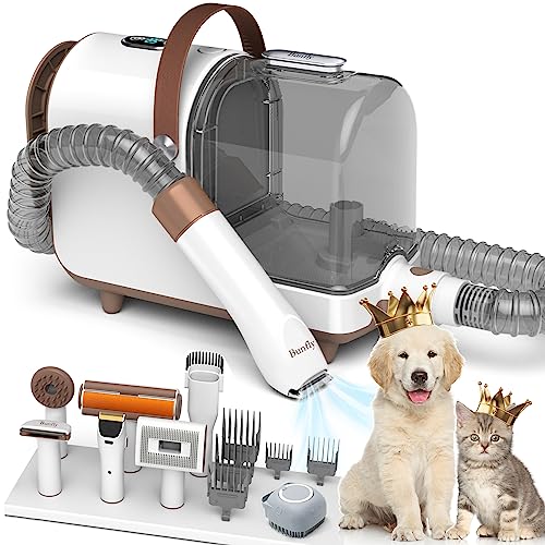 Bunfly Dog Grooming Kit & Vacuum Suction 99% Pet Hair, 7 Pet Grooming Tools for Dogs Cats, 3L Large Capacity Dust Cup, Quiet Pet Vacuum Groomer（Brown&White）