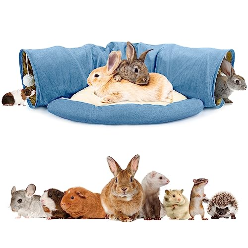 BWOGUE Bunny Tunnel Bed, 2-in-1 Collapsible Rabbit Tunnel Tubes Toys with Removable Mat Bunny Hideout for Cats Kittens Rabbits Bunny Guinea Pigs Kitty