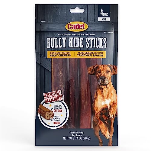 Cadet Bully Hide Sticks for Dogs - All-Natural Bully Stick & Beef Hide Dog Chews - Long Lasting Bully Sticks Alternative Made with 2 Ingredients - Dog Chews for Aggressive Chewers, Small (4 Pack)