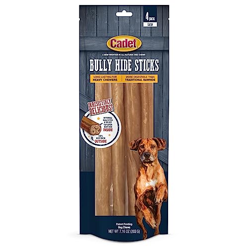 Cadet Bully Hide Sticks for Dogs - All-Natural Bully Stick & Beef Hide Dog Chews Long Lasting - Low Odor Bully Sticks Alternative - Dog Chews for Aggressive Chewers, Large (4 Count)