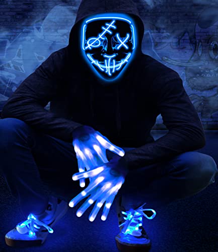 Camlinbo 3 Set Halloween LED Mask Light up Gloves with Shoelaces, Scary Glow in the Dark Mask Halloween Costume Party Adults Kids (Blue)