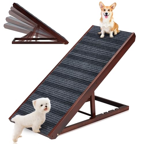 Candockway 5 Adjustable Portable Dog Ramp for Car/High Beds/Couch, Non-Slip Pet Ramp Foldable Cat Ramp with Wider Panel for All Dogs and Cats, Up to 100 Lbs, Walnut