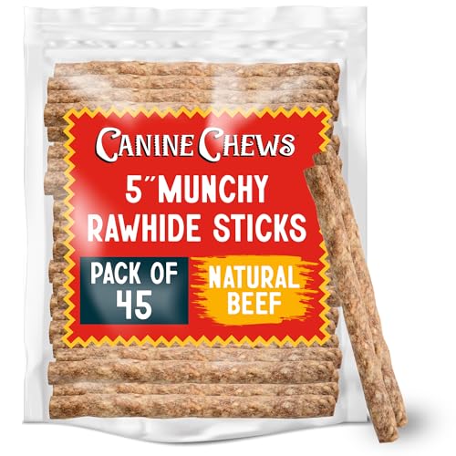 Canine Chews 5" Munchy Rawhide Sticks for Small Dog Treat Munchy Snack Stick Training Treat for Small Dogs and Puppies (45 Pack)