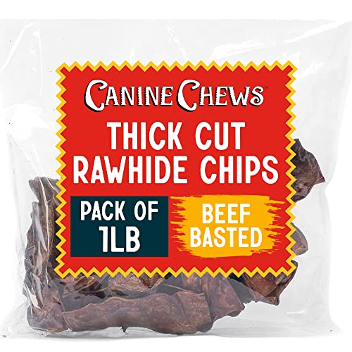 Canine Chews Beef Flavor Prime Cut Thick Chips for Aggressive Chewers Dog Chew Toy Beef Basted Rawhide Chip Slices 1 Pound (Beef Flavor 1lb)