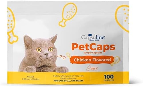 Capsuline Size 3 Empty Chicken Flavored PetCaps for Cats of All Life Stages - Empty Pill Capsules to Hide Medicine Taste and Scent (100 Count)