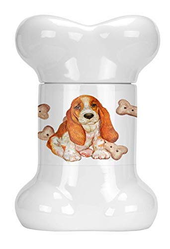 Caroline's Treasures CK2372BSTJ Basset Hound Puppy Bone Shaped Treat Jar Dog Treat Dog Biscuit Kitchen Canister with Lid Cookie Jar Snack, White